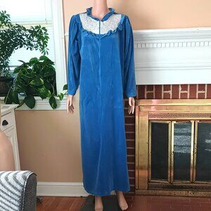 Heather Collection Blue Velour Robe M Vtg Long Sleeve Embroidered Ruffle Bodice